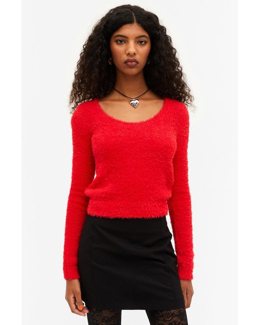 Monki Red Fluffy Knitted Boat Neck Sweater