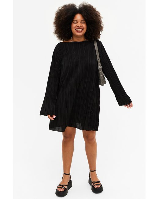 Monki Black Long Sleeve Pleated Tunic Mini Dress