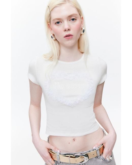 Monki White Cropped Printed T-Shirt