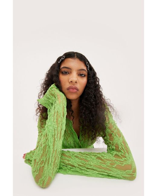 Monki Green Long Sleeved Structured Lace Shirt