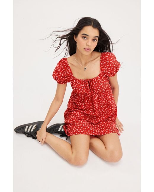 Monki Red Puffy Short Sleeve Mini Dress