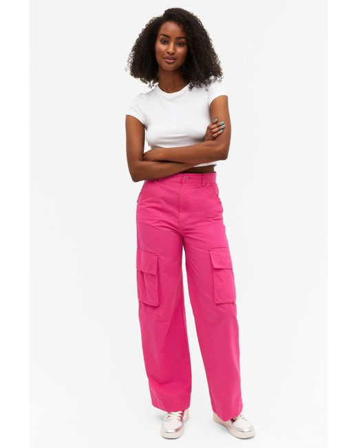 Monki Cargo Trousers Low Waist Loose Fit Cotton Pink | Lyst Canada