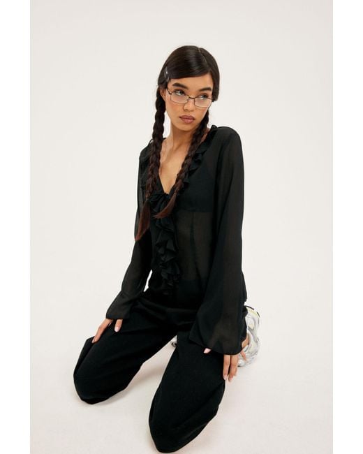 Monki Black Frilled Blouse With Bell Sleeves