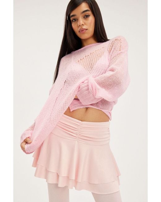 Monki Pink Ruffled Satin Mini Skirt