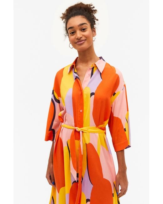 Monki Orange Loose Multi Colour Shirt Dress With Tie Waist