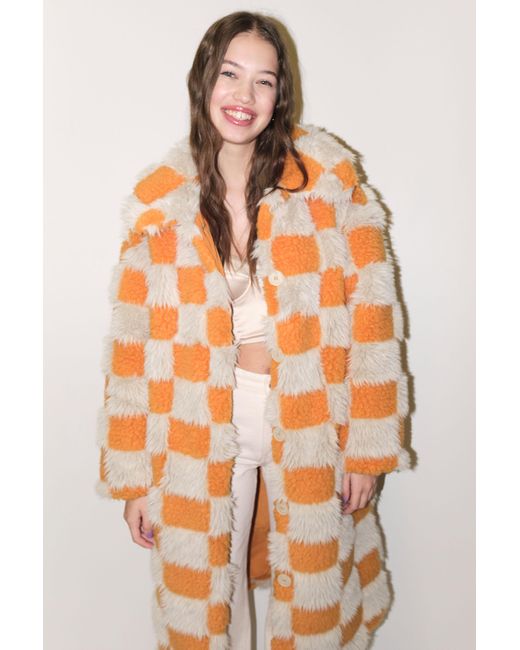 Monki Orange & Beige Checkered Fluffy Oversize Coat