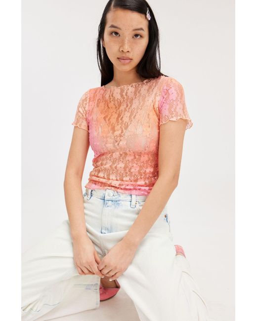 Monki Orange Fitted Lace Short Sleeve Top