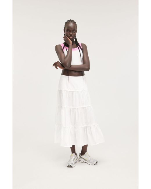 Monki Natural Tiered Midi Poplin Skirt