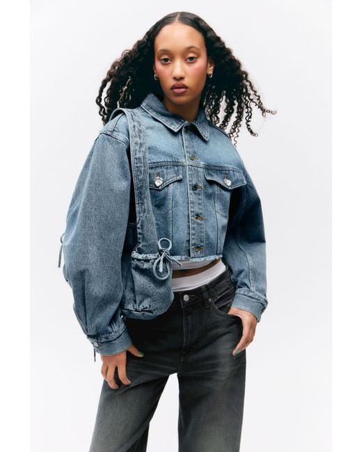 Monki Blue Cropped Oversized Barrel-Sleeved Denim Jacket