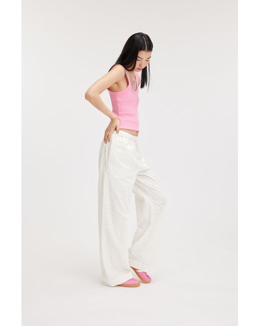 Monki Pink Straight Broderie Anglaise Cotton Trousers