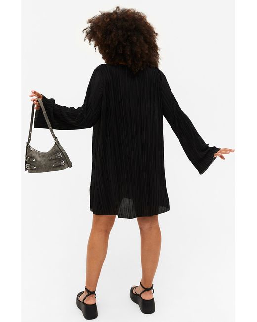 Monki Black Long Sleeve Pleated Tunic Mini Dress