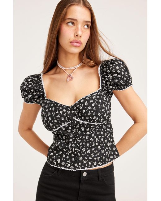 Monki Black Short Sleeve Puffy Poplin Blouse