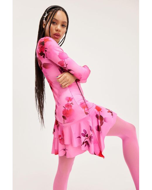 Monki Pink Long Sleeved Asymmetric Frill Dress