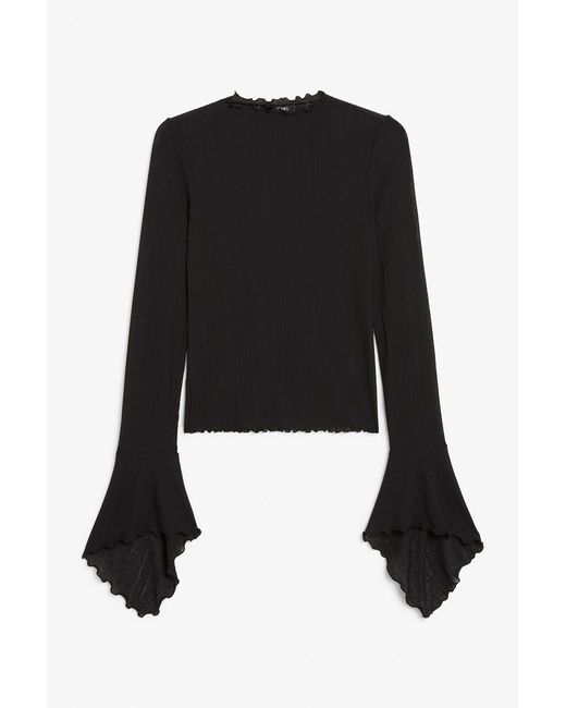 Monki Black Ribbed Top With Bell Sleeves