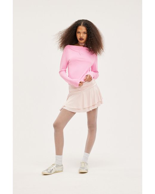 Monki Pink Long Sleeved Ruched Boat Neck Top