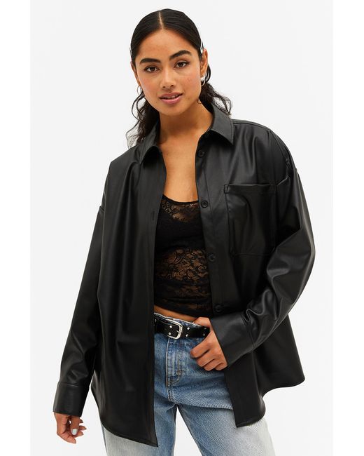 Monki Black Oversized Faux Leather Shirt
