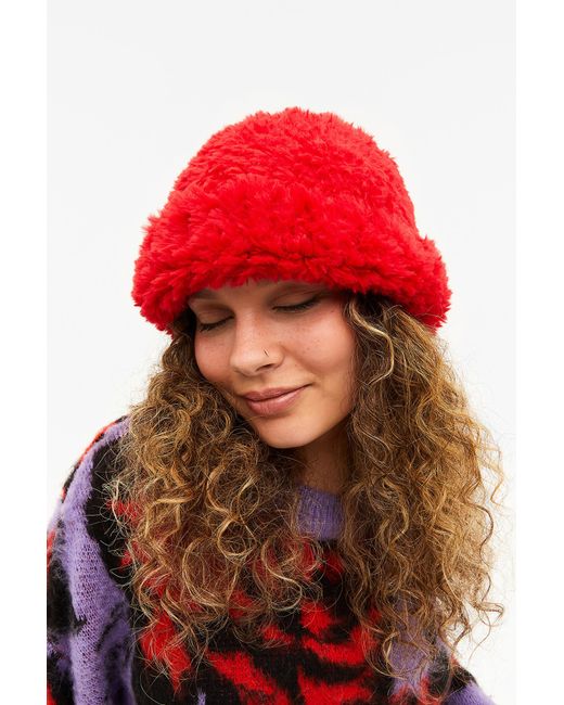 Monki Red Faux Fur Docker Hat