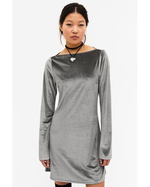 Monki Gray Long Sleeved Velvet Midi Dress