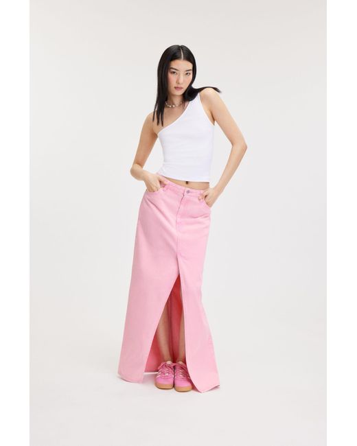Monki Pink Slitted Maxi Denim Skirt