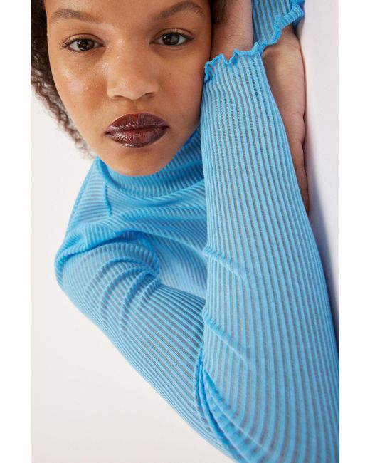 Monki Blue Long Sleeve Ribbed Roll Neck Top
