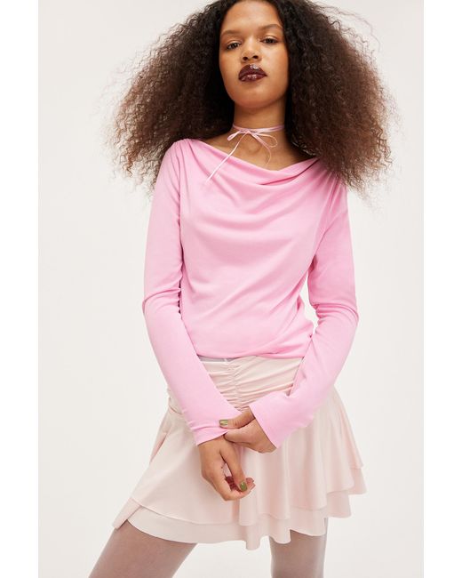 Monki Pink Long Sleeved Ruched Boat Neck Top