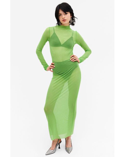 Monki Green Long Sleeved Mesh Maxi Dress