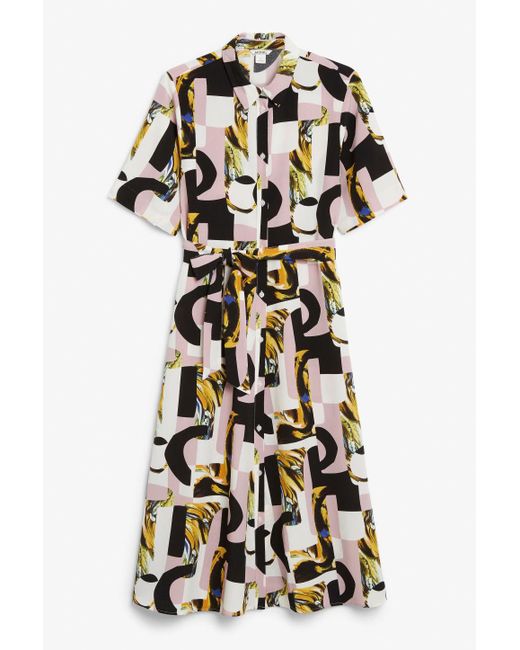 Monki Pink Abstract Print Tie Waist Midi Shirt Dress