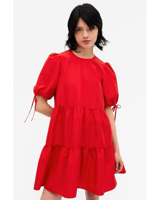 Monki Red Frilled Puff Sleeve Midi Dress