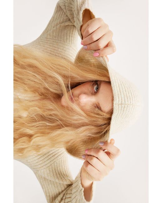 Monki Natural Rib Knit Wool Blend Hooded Sweater