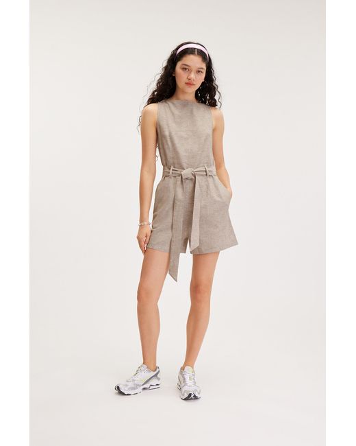Monki Gray Sheer Linen Blend Mini Jumpsuit
