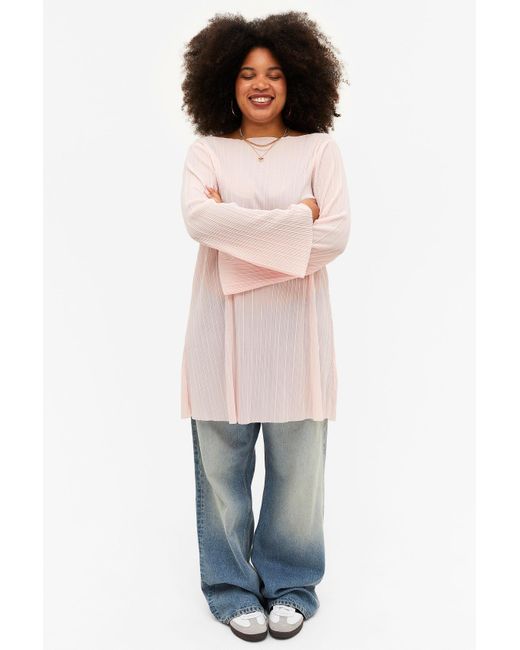 Monki Pink Long Sleeve Pleated Tunic Mini Dress