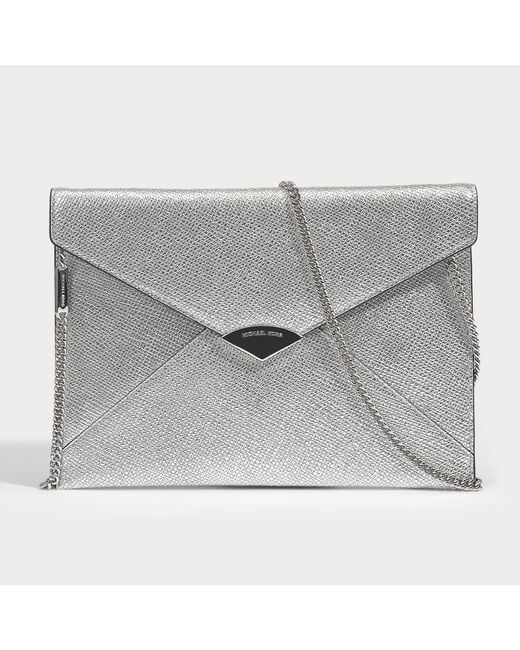 MICHAEL Michael Kors Gray Barbara Large Soft Envelope Clutch In Silver Metallic Calfskin