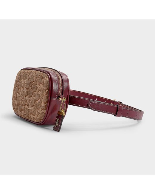 COACH Signature Jacquard Belt Bag In Tan Scarlet Leather And Coated