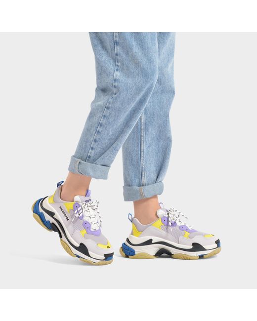 Balenciaga Triple S Sneakers In White, Purple And Yellow Knit And Leather |  Lyst