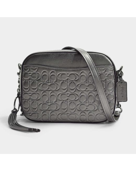 COACH Gray Metallic Signature Leather Camera Bag In Grey Calfskin