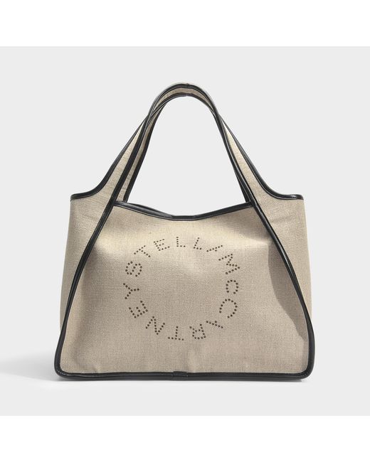Stella McCartney Multicolor Linen Canvas Stella Logo Tote Bag In Desert Beige Eco Fabric