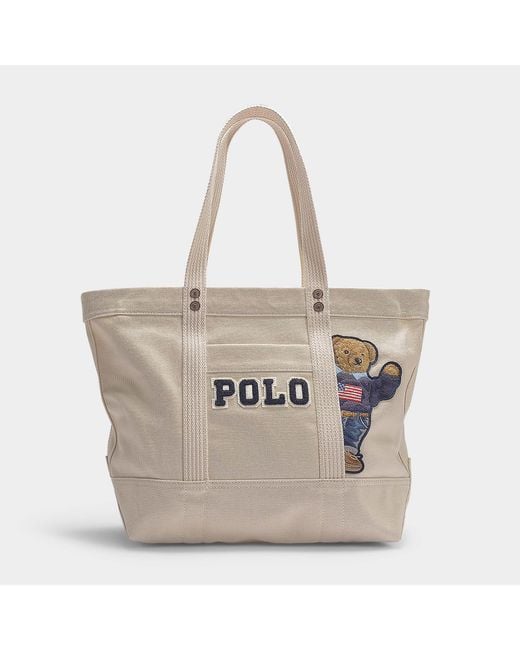 Polo Ralph Lauren Natural Small Pp Tote Teddy Bear In Cream Canvas