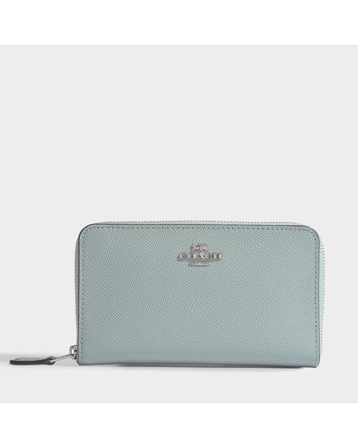 COACH Blue Medium Zip Around Wallet In Light Turquoise Calfskin