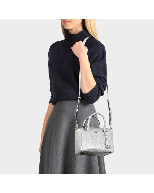 MICHAEL Michael Kors Nolita Mini Messenger Bag In Silver Metallic Leather  in Grey | Lyst Canada