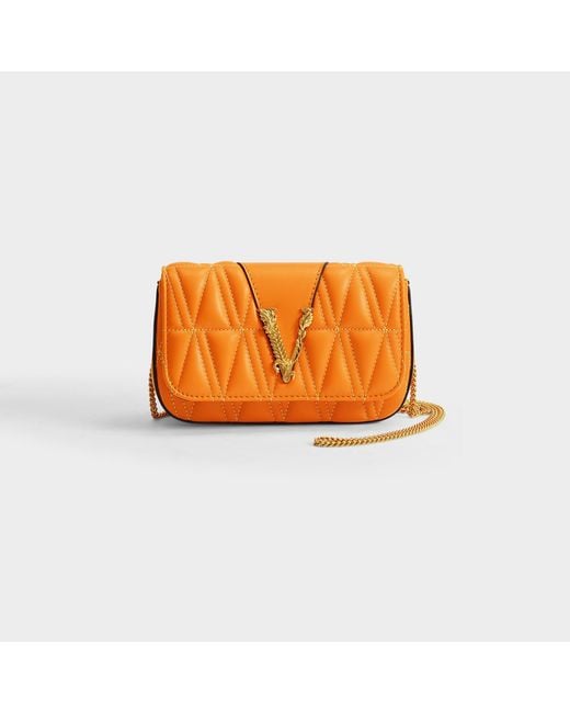 Versace Yellow Virtus Baguette Bag In Orange Quilted Leather
