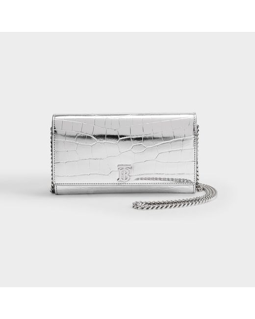 Burberry Metallic Hannah Clutch In Silver Croc Embossed Leather