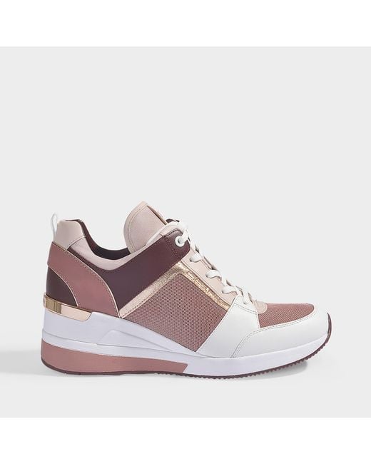 MICHAEL Michael Kors Georgie High Heel Sneakers In Pink Leather, Small Air Mesh And Metallic Nappa