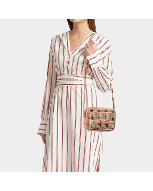 Burberry The Link Camera Bag In Check Cotton And Peach Calfskin in Natural  | Lyst UK