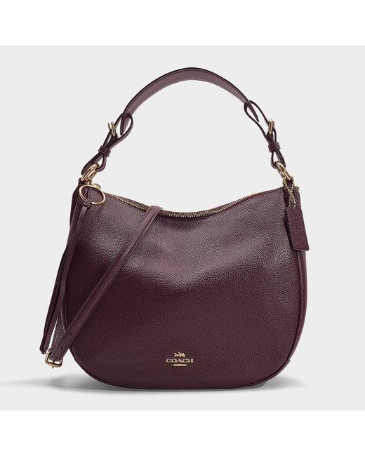 COACH Red Polished Pebble Leather Sutton Hobo Bag In Burgundy Calfskin