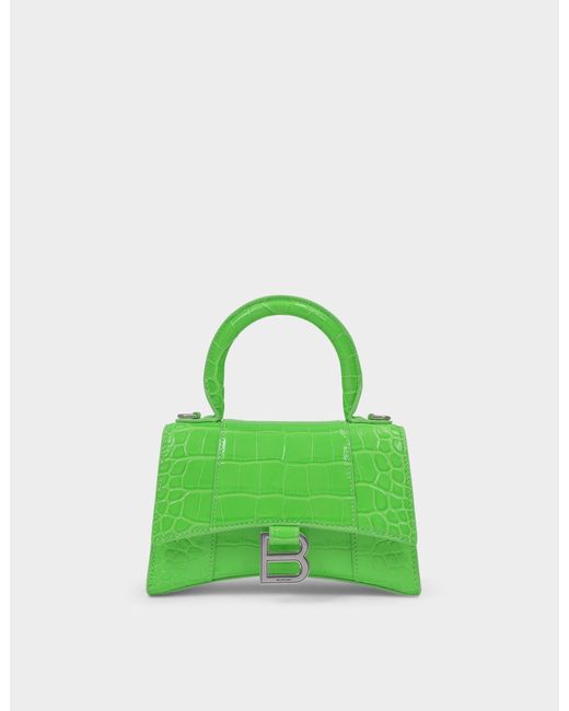 Balenciaga Hourglass Top Handle Xs Bag In Fluo Green Shiny Embossed Croc Calfskin
