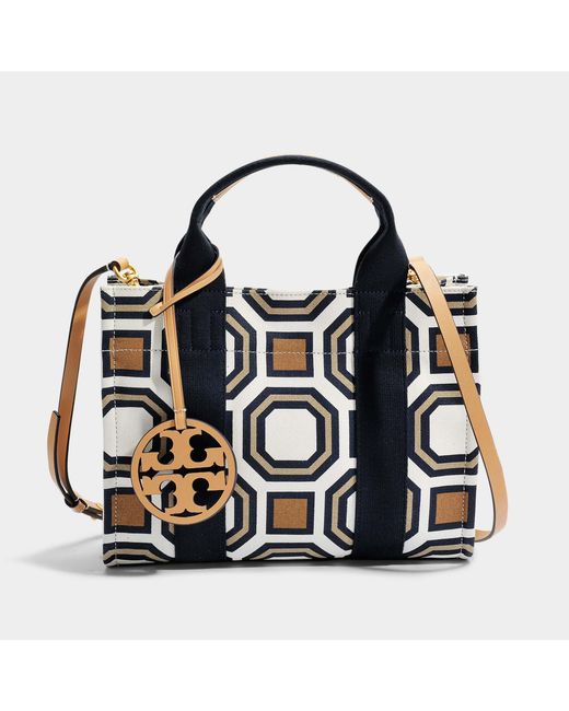 Tory Burch Black Tory Mini Tote Bag In Ivory Octagon Square Canvas