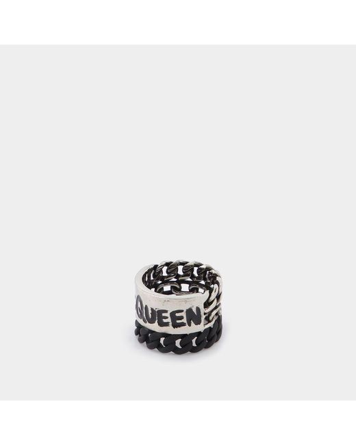 Alexander McQueen White Graffiti Chain Ring, Brass for men