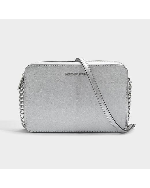 MICHAEL Michael Kors Gray Large East-west Crossbody Bag In Silver Metallic Saffiano Leather