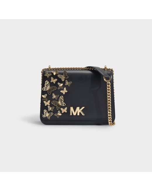 Michael Kors Mott Large Butterfly Chain Shoulder Bag In Black Leather