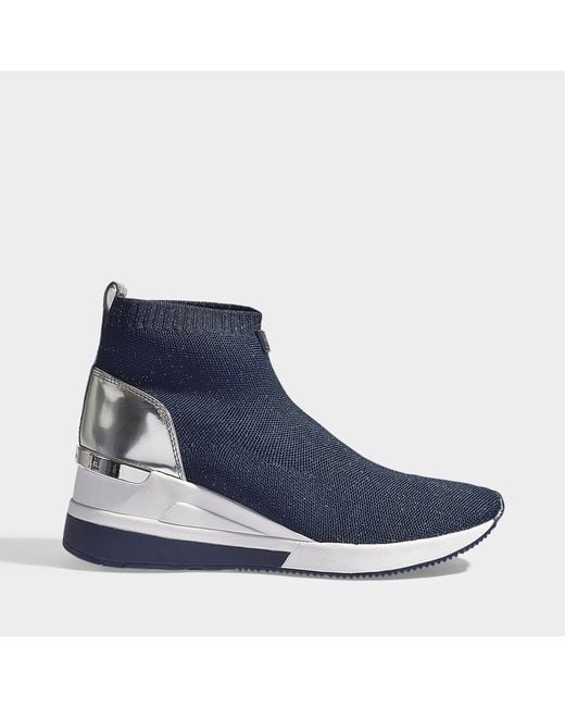 MICHAEL Michael Kors Skyler Bootie Sneakers In White And Blue Stretchy Stitch And Nappa Leather